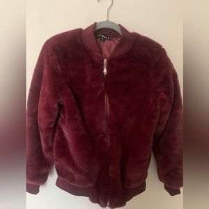 Red faux fur zip up bomber jacket